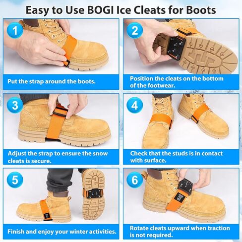 BOGI Ice Cleats Crampons، مرابط ثلج قابلة للدوران للأحذية والأحذية طويلة الرقبة مع ترصيع التنغستن مقابض الجليد للأحذية مع أشرطة قابلة للتعديل للرجال والنساء في الشتاء داخليًا/خارجيًا in Saudi Arabia