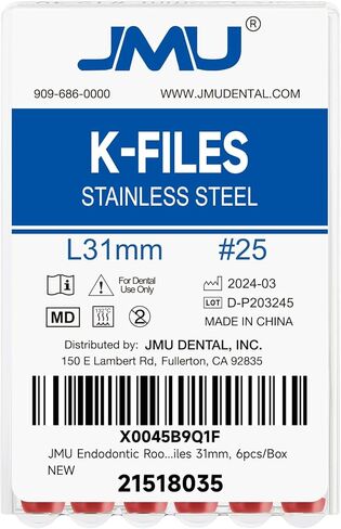 JMU Endodontic Root Canal K Files, Stainless Steel Hand Use K-Files 31mm, 6pcs/Box (1, #15 (31mm)) in Kuwait