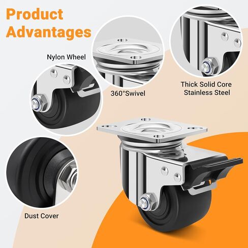 Nefish 2.5 Inch Heavy Duty Stainless Steel Low Gravity Casters, SUS 304 Industrial Grade Stainless Steel Caster Wheels with Brakes, Durable Castors Set of 4 with Nylon Wheels for Industrial, Equipment in Saudi Arabia