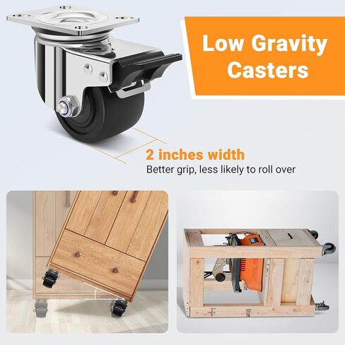 Nefish 2.5 Inch Heavy Duty Stainless Steel Low Gravity Casters, SUS 304 Industrial Grade Stainless Steel Caster Wheels with Brakes, Durable Castors Set of 4 with Nylon Wheels for Industrial, Equipment in Saudi Arabia