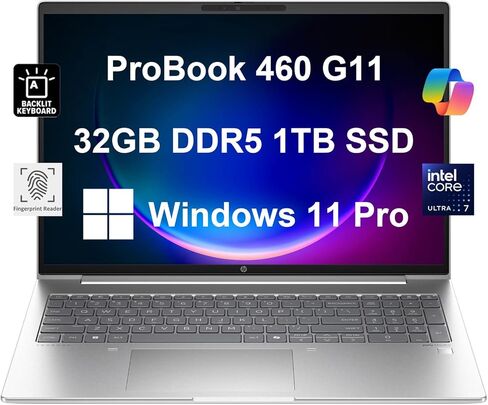 كمبيوتر محمول ProBook 460 G11 Business (16 بوصة FHD + شاشة لمس، Ultra 7 155U، ذاكرة الوصول العشوائي DDR5 سعة 64 جيجابايت، SSD 2 تيرابايت، 12 نواة (> i7)) إضاءة خلفية، كاميرا ويب 5 ميجابكسل IR، بصمة الإصبع، Wi-Fi 6E، Ethernet، Win 11 Pro w/ مساعد الطيار با in Kuwait