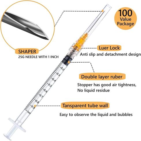 100 Pack 1ml Industrial Syringes with 25Ga 1 Inch Needle, Plastic Disposable Syringe and needle for Scientific Labs, Liquids Refilling and Measuring in Saudi Arabia
