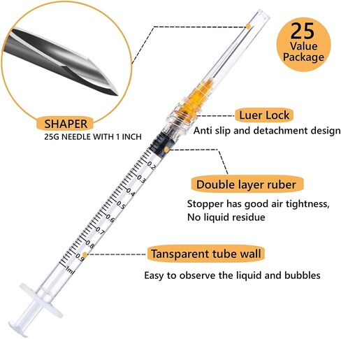100 Pack 1ml Industrial Syringes with 25Ga 1 Inch Needle, Plastic Disposable Syringe and needle for Scientific Labs, Liquids Refilling and Measuring in Saudi Arabia