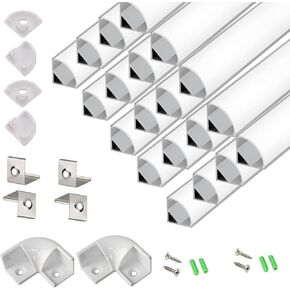 V Shape 6.6FT 200CM LED Strip Aluminum Channel Diffuser, 20-Pack 16x16MM Anodized Silver Track with Curved Milky Cover, 8 Corner Connector and Mounting System