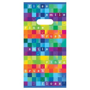 Practicon Rainbow Blocks 6" x 12" Dental Giveaway Bag, Dental Hygiene Patient Care Goodie Bag, Dentist Office Plastic Gift Bags, 100 Pack