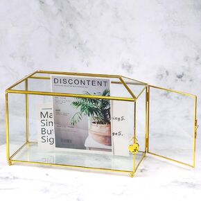 Glass Card Box, Geometric House Shape Wedding Card Box, for Weddings, Cosmetic Home Decor, Graduation Ceremony, Brass Frame with Hinged Lid and Key Lock (Gold)
