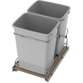 Rev-A-Shelf Steel Bottom Mount Double 35 Quart 8.75 Gallon Waste Bin Trash Container for Under Kitchen Cabinet with Soft Close, Gray, 54WC-1835SC-17-1