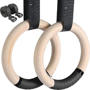 LIFERUN Gymnastics Rings, Olympic Rings Wooden 1100lbs with Adjustable Metal Buckle 16.7ft Long Straps, Pull Up Rings Workout Rings for Home Gym