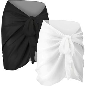 2pcs Beach Cover Up for Women, Chiffon Sarong Swimsuit Coverup for Pool, Summer Resort Wear Black White