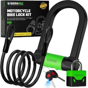 Rhino USA Bike Lock - Heavy Duty Anti Theft Bicycle U Lock & Padlock - 4FT Steel Security Cable with 4 Keys for EBike, Motorcycle, Electric Scooter - Dual Purpose Bike Locks (Padlock or U-Lock Option)
