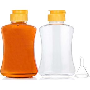 2 Pack Plastic Honey Bottles with Funnel, 180ml Squeeze Honey Jars Leakproof Honey Dispenser No Drip with Flip Lid Condiment Container for Ketchup Mustard Dressing Sauce Syrup Oil Epoxy, BPA Free