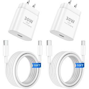 30W USB C Fast Charger for iPhone 16 15 Pro Max Plus,2PACK USB C Charger Block with [ 6FT + 10FT ] USB C Charging Cable for iPhone 16 15 Pro Max/16 15 Pro/16 15 Plus/16/15, i Pad, Galaxy S24/S23 in Kuwait