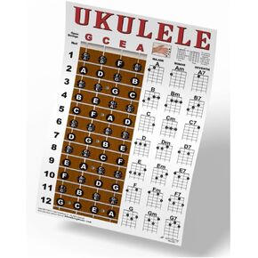 Ukulele Fretboard Notes & Chord Chart Instructional Poster GCEA Tuning Easy Uke Chords Soprano Concert Tenor A New Song Music 11"x17"