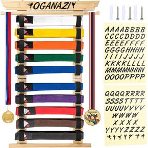 10 Belts Karate Belt Display Rack with Personalized Stickers, Taekwondo Belt Display Holder with Side Medal Rack, Elastic Band Martial Arts Belts Display Holder for Taekwondo, Karate,BJJ Gifts