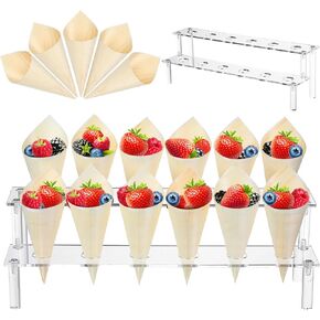 100 Pieces Disposable Wood Cones Vintage Wooden Food Cones with 12 Holes Food Cone Display Stand Cone Holder for Charcuterie, Restaurants, Ice Cream, Catered Events, Party or Buffets (Clear,Acrylic)