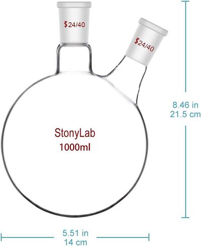 StonyLab 1000ml Glass 2 Neck Round Bottom Flask RBF, with 24/40 Center and Side Standard Taper Outer Joint - 1L (1 Liter) in Kuwait