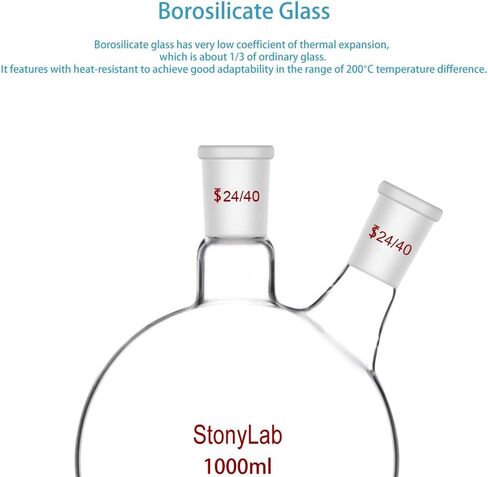 StonyLab 1000ml Glass 2 Neck Round Bottom Flask RBF, with 24/40 Center and Side Standard Taper Outer Joint - 1L (1 Liter) in Kuwait