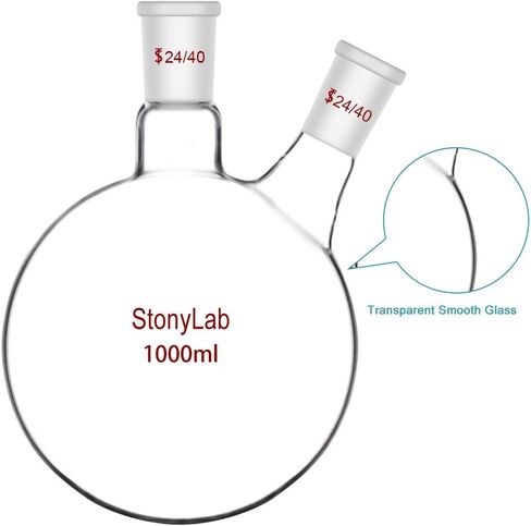 StonyLab 1000ml Glass 2 Neck Round Bottom Flask RBF, with 24/40 Center and Side Standard Taper Outer Joint - 1L (1 Liter) in Kuwait