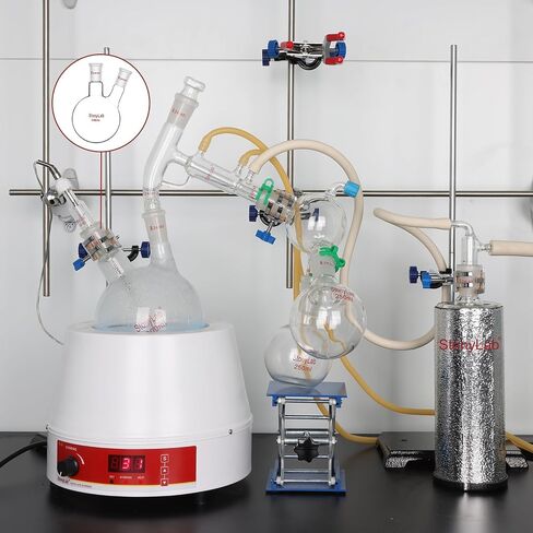 StonyLab 1000ml Glass 2 Neck Round Bottom Flask RBF, with 24/40 Center and Side Standard Taper Outer Joint - 1L (1 Liter) in Kuwait