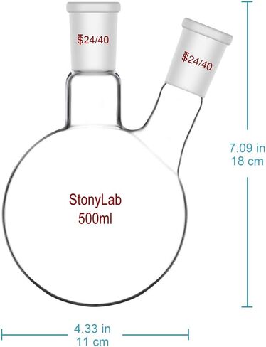 StonyLab 1000ml Glass 2 Neck Round Bottom Flask RBF, with 24/40 Center and Side Standard Taper Outer Joint - 1L (1 Liter) in Kuwait