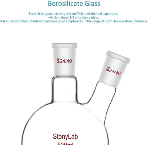 StonyLab 1000ml Glass 2 Neck Round Bottom Flask RBF, with 24/40 Center and Side Standard Taper Outer Joint - 1L (1 Liter) in Kuwait