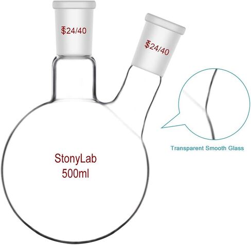 StonyLab 1000ml Glass 2 Neck Round Bottom Flask RBF, with 24/40 Center and Side Standard Taper Outer Joint - 1L (1 Liter) in Kuwait