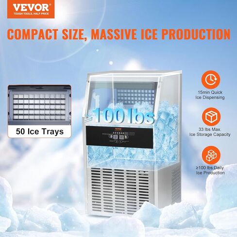 صانع الثلج التجاري VEVOR، 100 رطل/24 ساعة، آلة صنع الثلج، 50 مكعب ثلج في 12-15 دقيقة، صانع ثلج خزانة قائم بذاته مع شاشة رقمية LED بسعة تخزين 33 رطل، لمطعم البار والمكتب المنزلي in Kuwait