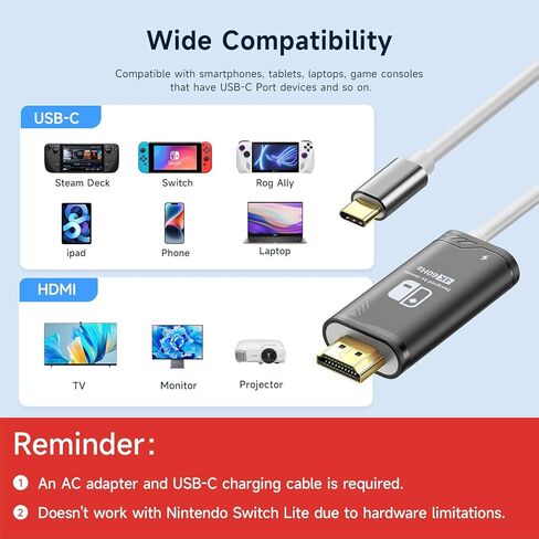 USB C to HDMI Dock Cable with PD100W Charging Port, Portable Switch to TV Connector Adapter for Nintendo Switch NS/OLED Screen Mirroring, 4K@30Hz, 1.2m, Pink in Kuwait