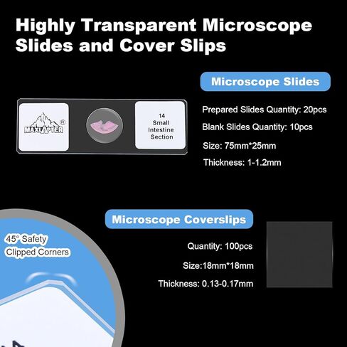 30 Microscope Slides and 100 Covers Set for Kids Adults Students Homeschool Edu - Included 20 Prepared Slides with Plants Animals Insects Specimens, 10 Blank Slides and 100 Coverslips in Kuwait