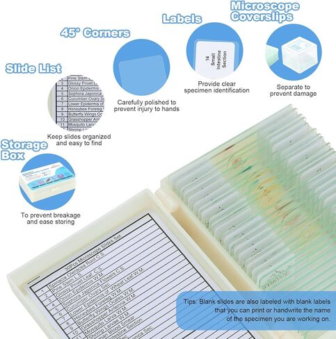 30 Microscope Slides and 100 Covers Set for Kids Adults Students Homeschool Edu - Included 20 Prepared Slides with Plants Animals Insects Specimens, 10 Blank Slides and 100 Coverslips in Kuwait
