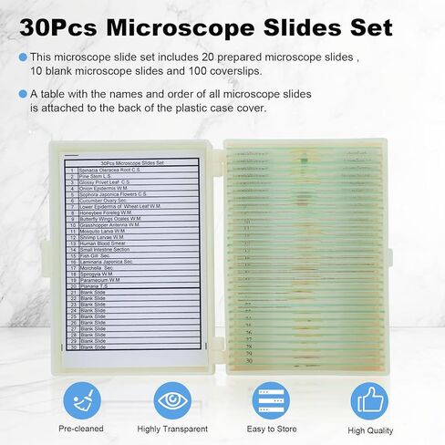 30 Microscope Slides and 100 Covers Set for Kids Adults Students Homeschool Edu - Included 20 Prepared Slides with Plants Animals Insects Specimens, 10 Blank Slides and 100 Coverslips in Kuwait
