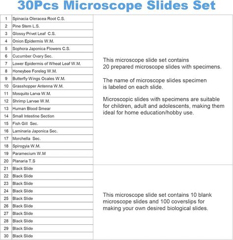 30 Microscope Slides and 100 Covers Set for Kids Adults Students Homeschool Edu - Included 20 Prepared Slides with Plants Animals Insects Specimens, 10 Blank Slides and 100 Coverslips in Kuwait