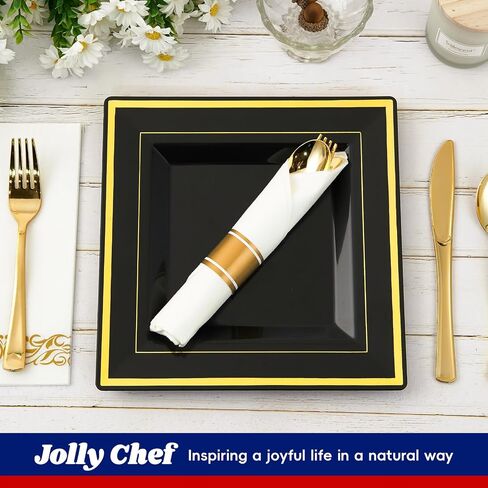 JOLLY CHEF 102 Count Gold Disposable Plastic Plates, Heavyweight Disposable Wedding Plates Set White Party Plate with Gold Rim, Includes 51 Dinner Plates 10" and 51 Dessert Plates 7" in Kuwait