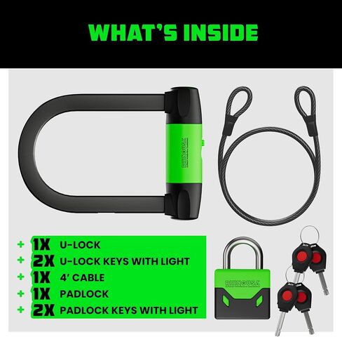 Rhino USA Bike Lock - Heavy Duty Anti Theft Bicycle U Lock & Padlock - 4FT Steel Security Cable with 4 Keys for EBike, Motorcycle, Electric Scooter - Dual Purpose Bike Locks (Padlock or U-Lock Option) in Saudi Arabia