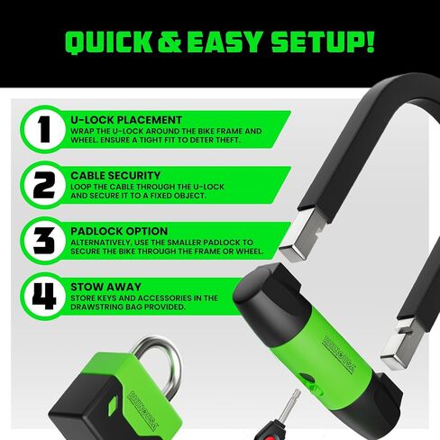 Rhino USA Bike Lock - Heavy Duty Anti Theft Bicycle U Lock & Padlock - 4FT Steel Security Cable with 4 Keys for EBike, Motorcycle, Electric Scooter - Dual Purpose Bike Locks (Padlock or U-Lock Option) in Saudi Arabia