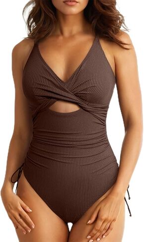 Aleumdr Women's Ribbed One Piece Swimsuit Tummy Control High Cut Bathing Suit Sexy V Neck Criss Cross Monikini in Saudi Arabia