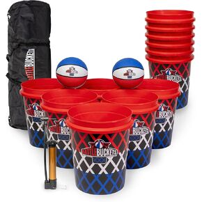 Battle Buckets Giant Yard Pong X Basket Ball Game with Durable Balls and Buckets - Outdoor Game for Lawn, Backyard and Beach - Set Includes Buckets, Basket Balls, Carrying Bag and Air Pump