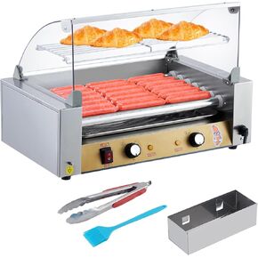 18 Hot Dog Roller With Bun Warmer, 1050W Dual Temp Control Hot Dog Machine with 7 Roller, Stainless Steel Hot Dog Grill with PC Hood Shelf & Removable Oil Drip Tray, for Home and Commercial