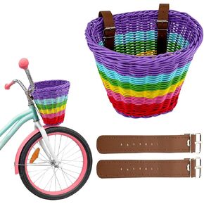 Gify Kids Bike Basket Front, Handwoven Wicker Rainbow Bicycle Basket for Girls, Colorful Large-Capacity Toddler Bike Accessory with 2 Adjustable Leather Straps for Scooters and Tricycles - Purple