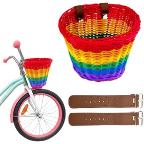 Gify Kids Bike Basket Front, Handwoven Wicker Rainbow Bicycle Basket for Girls, Colorful Large-Capacity Toddler Bike Accessory with 2 Adjustable Leather Straps for Scooters and Tricycles - Red in Kuwait