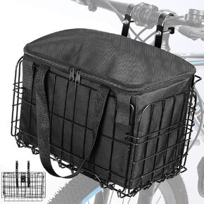 Bike Basket, Folding Bike Basket with Removable Liner Bag, Metal Ebike Basket Quick Release Design, Bike Basket for Adult Women/Men Carrying Dogs, Pets, Fruit & Grocery