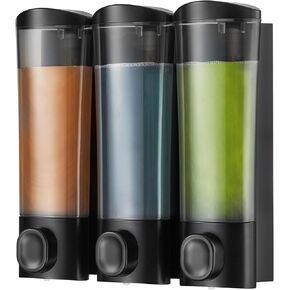 Shampoo and Conditioner Dispenser Wall Mounted, Shower Soap Dispenser 3 Chamber No Drill, Refillable Bathroom Shampoo Dispenser Set, Wall Shampoo Conditioner Body Wash Dispenser (Black)