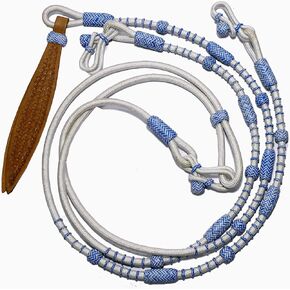 White Nylon Rope with Blue Knots Raw Hide Leather Horse Tack Hand-Braided Romal Romel Reins Hand Made Reins-8.5 Ft, 52' Romel