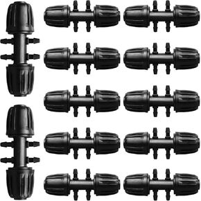 Drip Irrigation Fittings for 1/2 Inch to 1/4 Inch Tubing Reducing Tee：1/2" (1/2" ID x 0.65" OD) to 1/4" Anti-Drop Locked Nut Barbed Reducer 6 Way Tee Connectors (12 Pack)