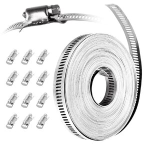 33FT 304 Stainless Steel Hose Clamps, Hose Clamps Assortment Kit, Metal Strap with Holes+12 Fasteners, Adjustable Worm Gear Hose Clamps for Pipe,Duct,Tube