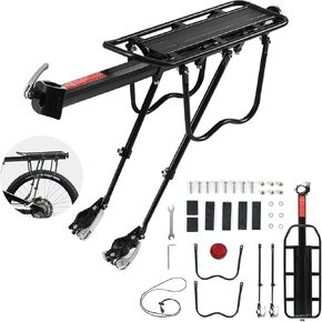 Rear Bike Rack, Adjustable Bicycle Rear Cargo Rack Rear Rack Bike Rear Seat Luggage Rack Quick Release Load 90kg Aluminum Alloy Material with Reflector for Cycling Camping Touring