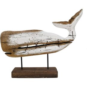 Rustic Distressed Wood & Metal Whale Figurine, Nautical Hand Carved Whale Sculpture Beach House Decor, Coastal Table Centerpiece (M), Medium, Brown,white