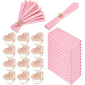 Peryiter 24 Pcs Valentine's Day Pink Cloth Napkins with Rose Gold Heart Napkin Rings for Valentine's Day Holiday Wedding Party Table Decoration