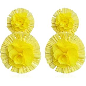 Raffia Flower Earrings Raffia Straw Wrapped Hot Pink Flower Drop Dangle Earrings Summer Tropical Beach Jewelry