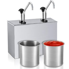 Lasnten Bucket Condiment Pump Dispenser 3.7 Quart Sauce Pump Dispenser Stainless Steel Condiment Pump Station for Jam Ketchup Seasoning Sauce (3.7 Quart x 2)